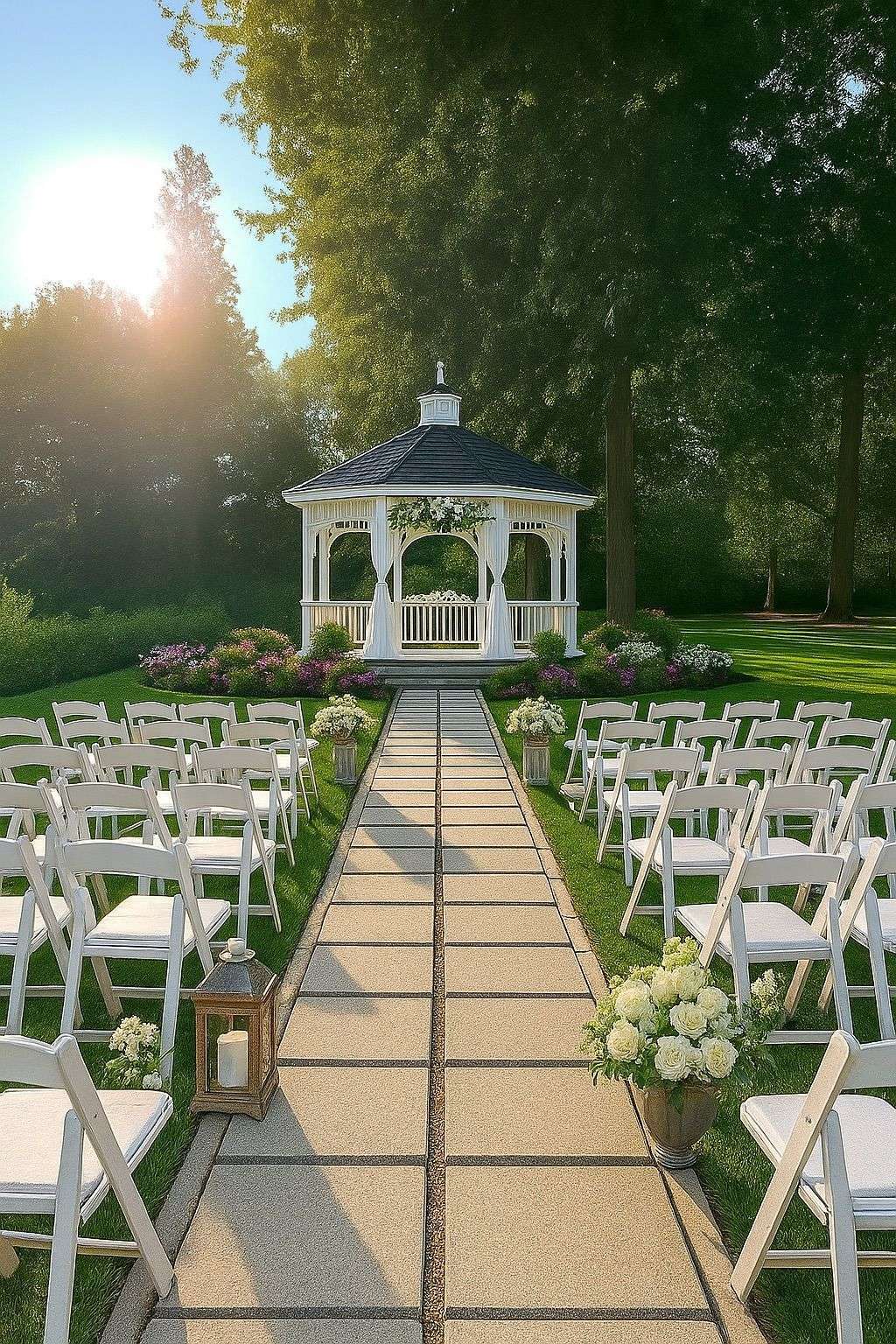 White gazebo and aisle set up for an outdoor wedding ceremony surrounded by trees at Westfield Country Club