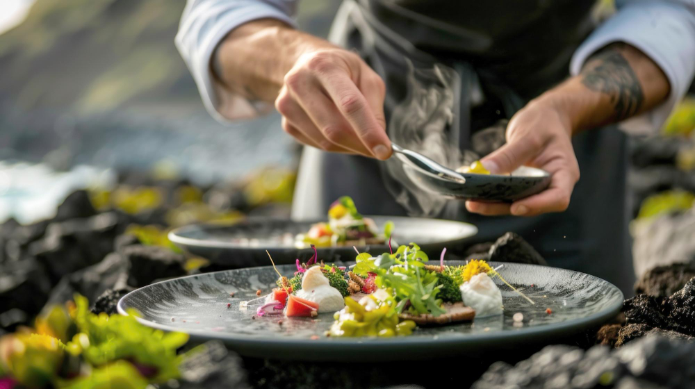 Plated grilled entrée and fresh salad served on patio