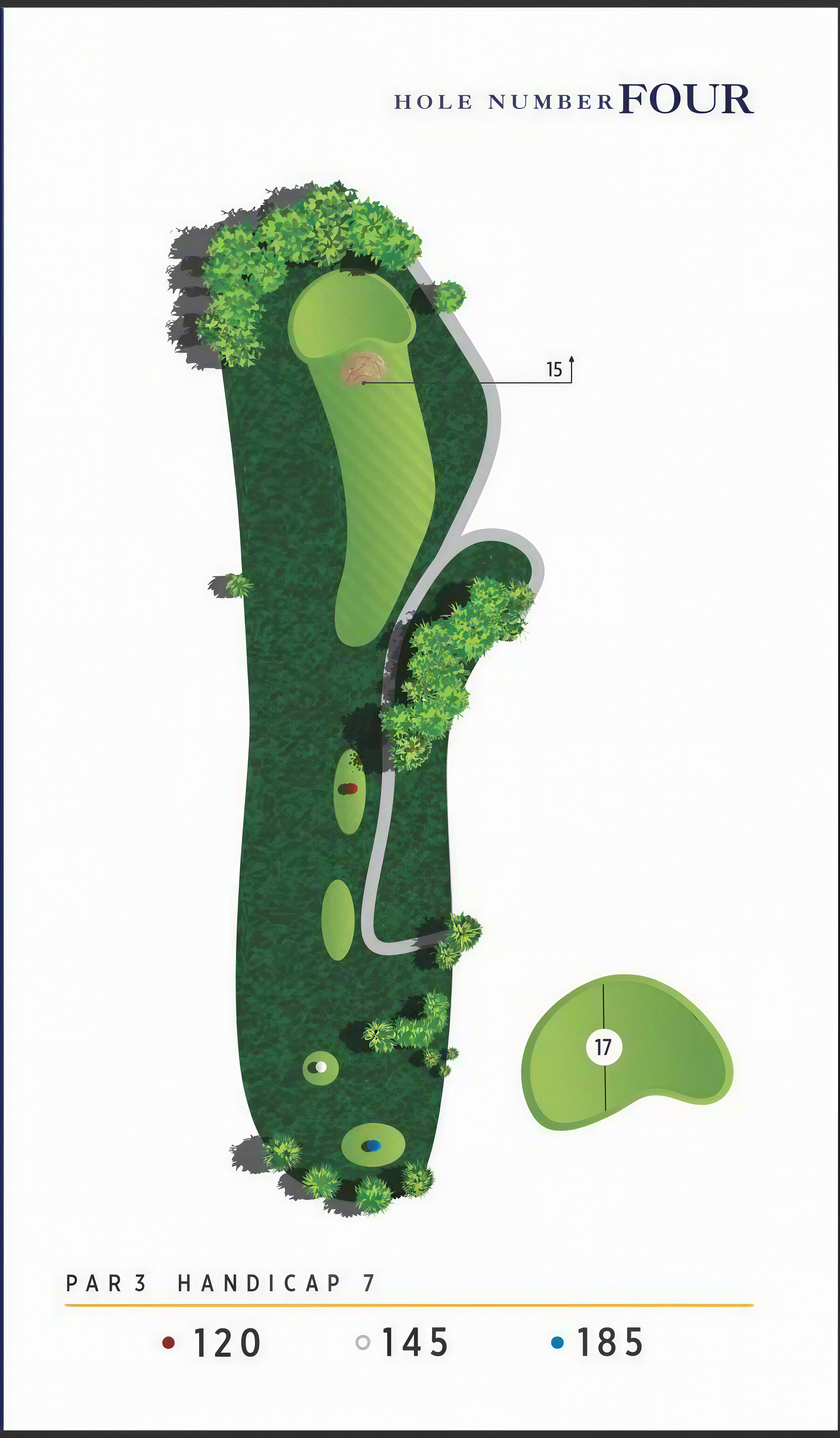 Hole 4 detailed layout map - top-down illustration showing fairway, hazards, green and strategy