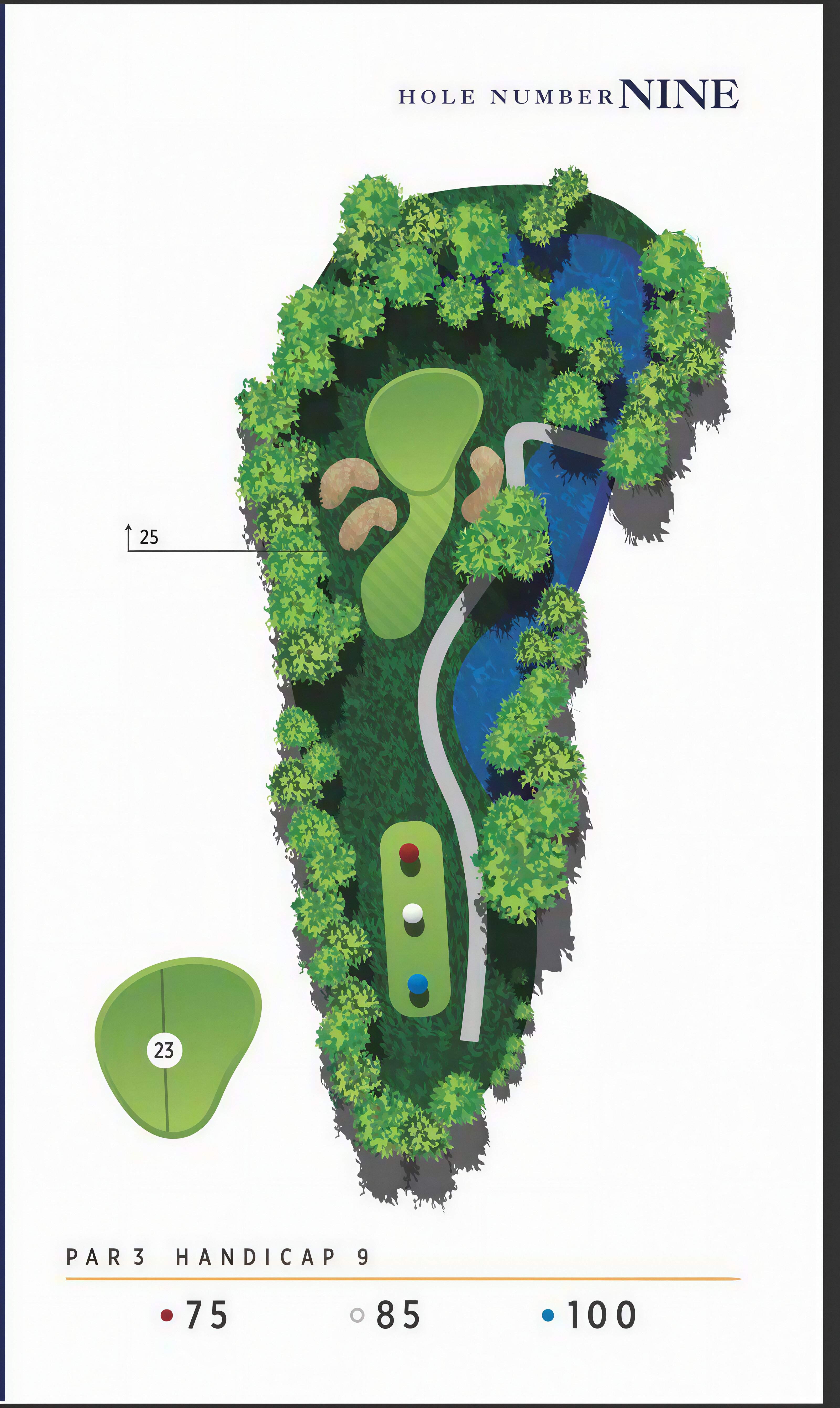 Hole 9 detailed layout map - top-down illustration showing fairway, hazards, green and strategy