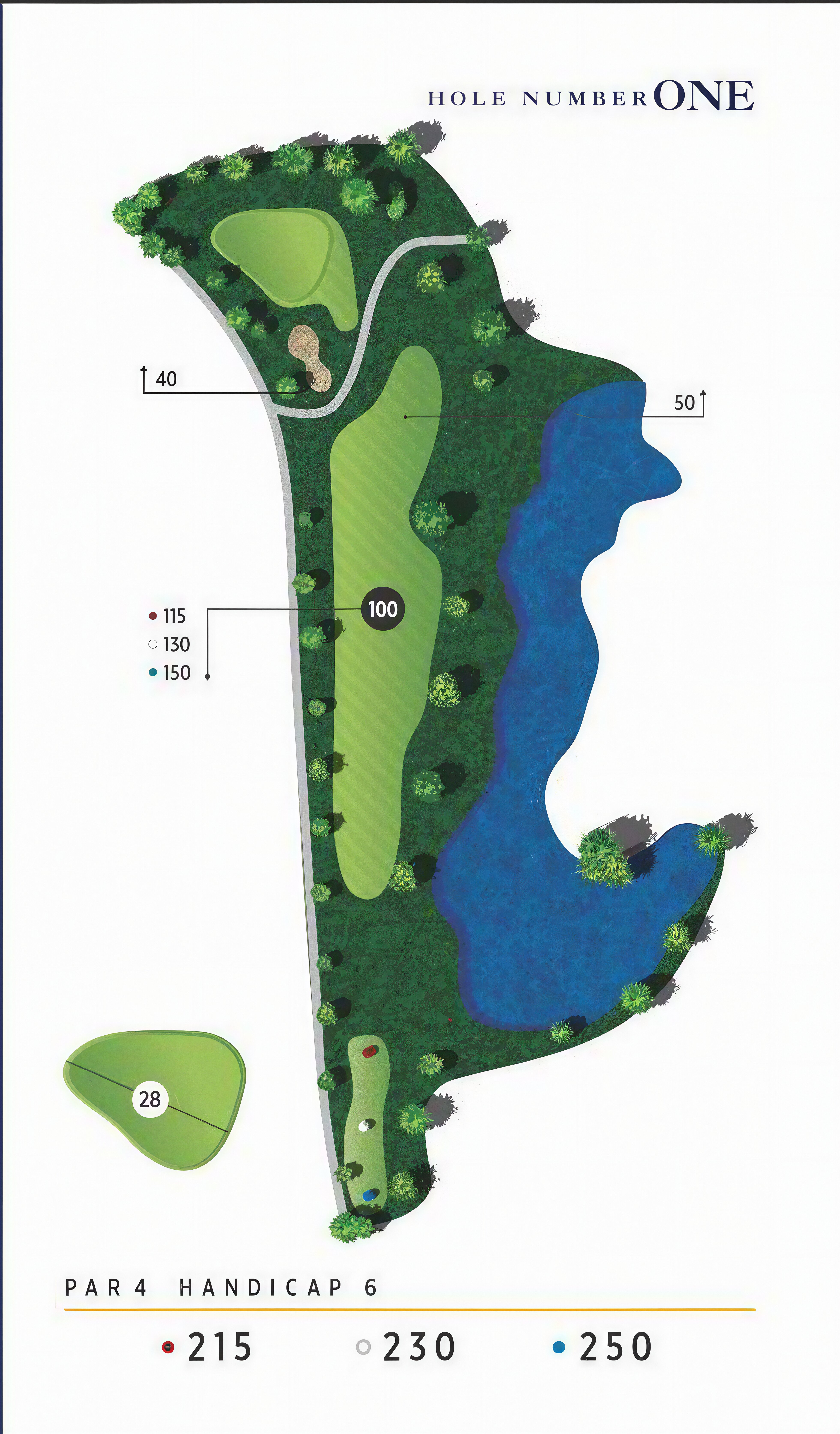 Hole 1 detailed layout map - top-down illustration showing fairway, hazards, green and strategy