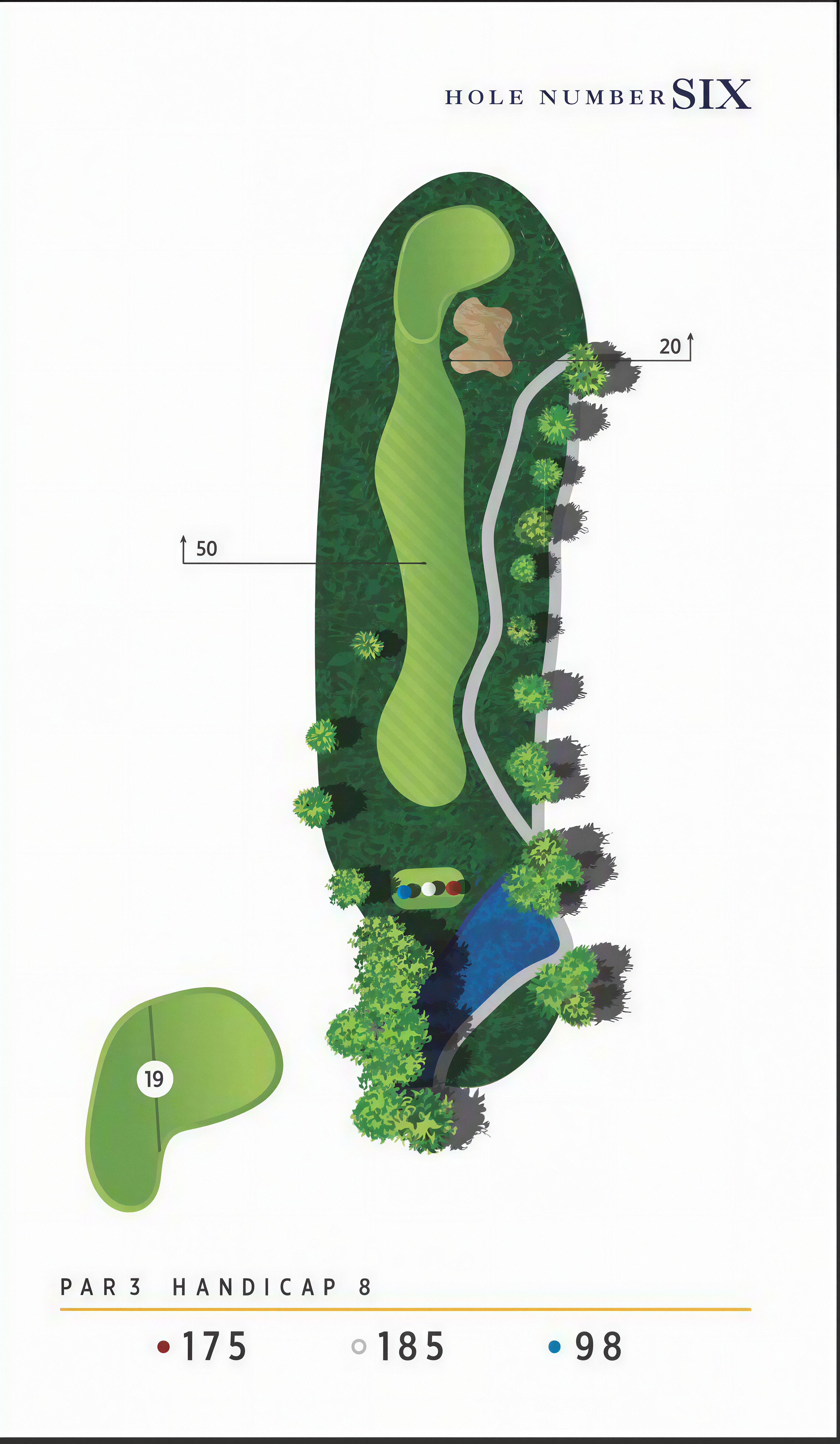 Hole 6 detailed layout map - top-down illustration showing fairway, hazards, green and strategy