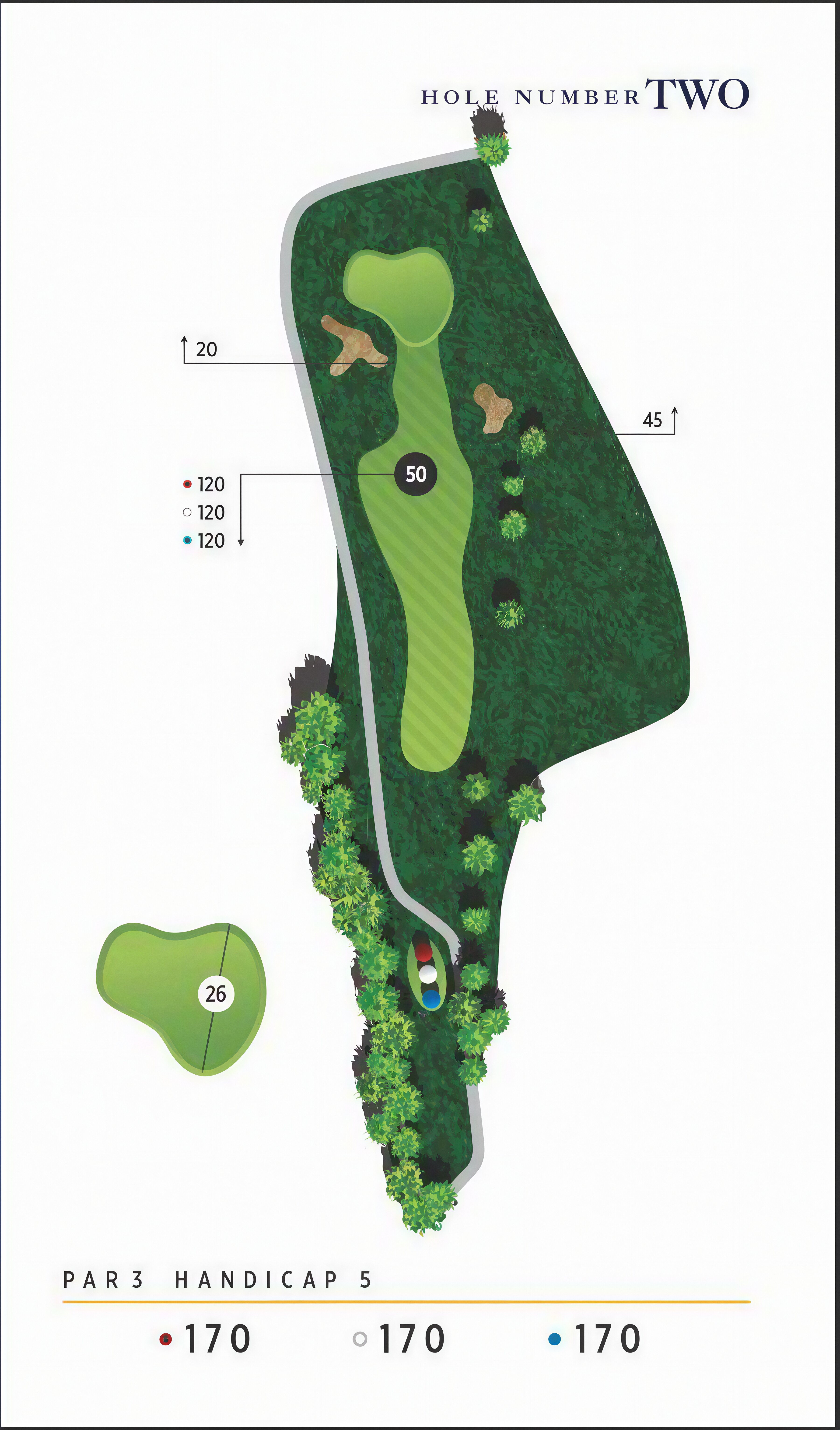Hole 2 detailed layout map - top-down illustration showing fairway, hazards, green and strategy